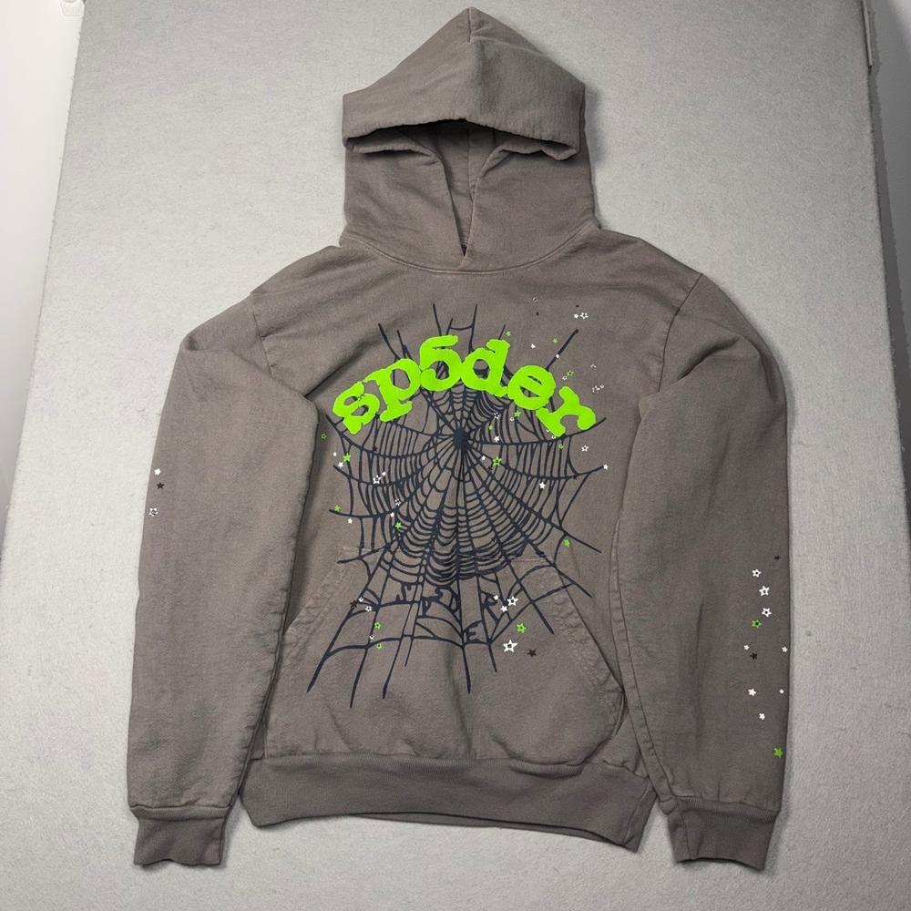 Sp5der Hoodie Mens S Slate Grey Green Spider Web Graphic Streetwear Y2K